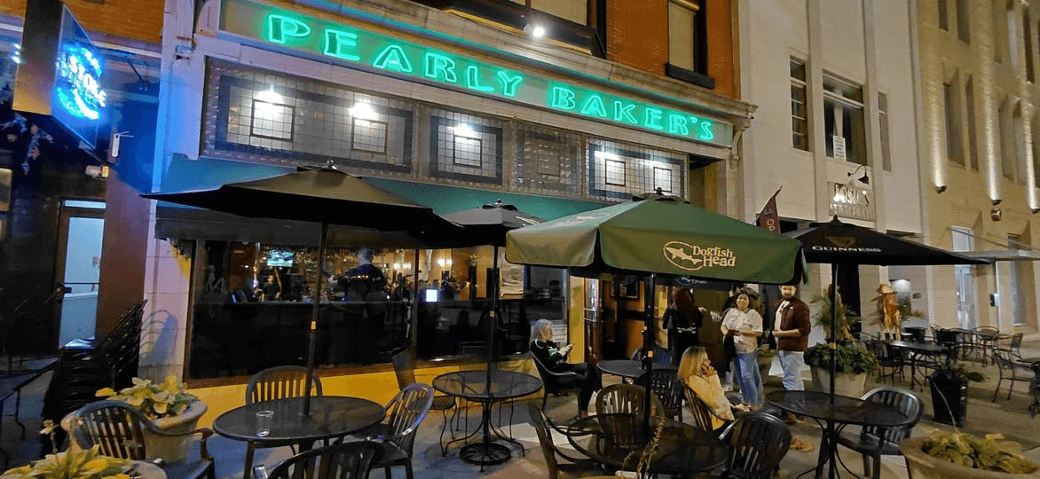 Pearly Baker's Alehouse exterior at night — neon sign on Centre Square, Easton PA